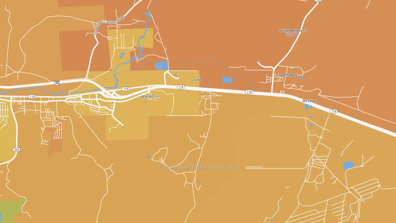 Map of the best neighborhoods in the 87322 area, with better matches in green and worse matches in red