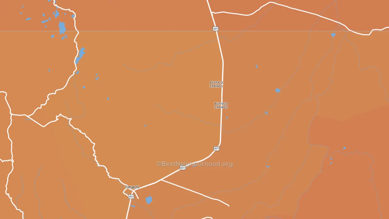 Map of the best neighborhoods in the 87325 area, with better matches in green and worse matches in red