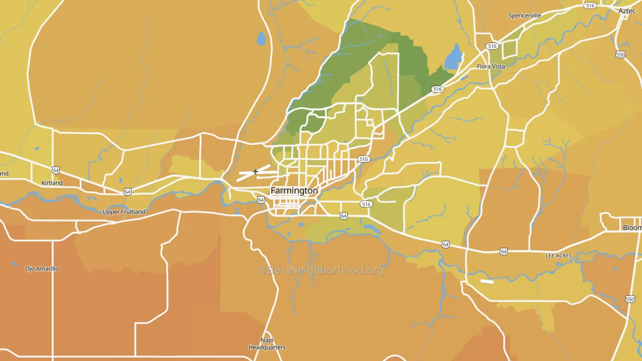 Map of the best neighborhoods in the 87401 area, with better matches in green and worse matches in red