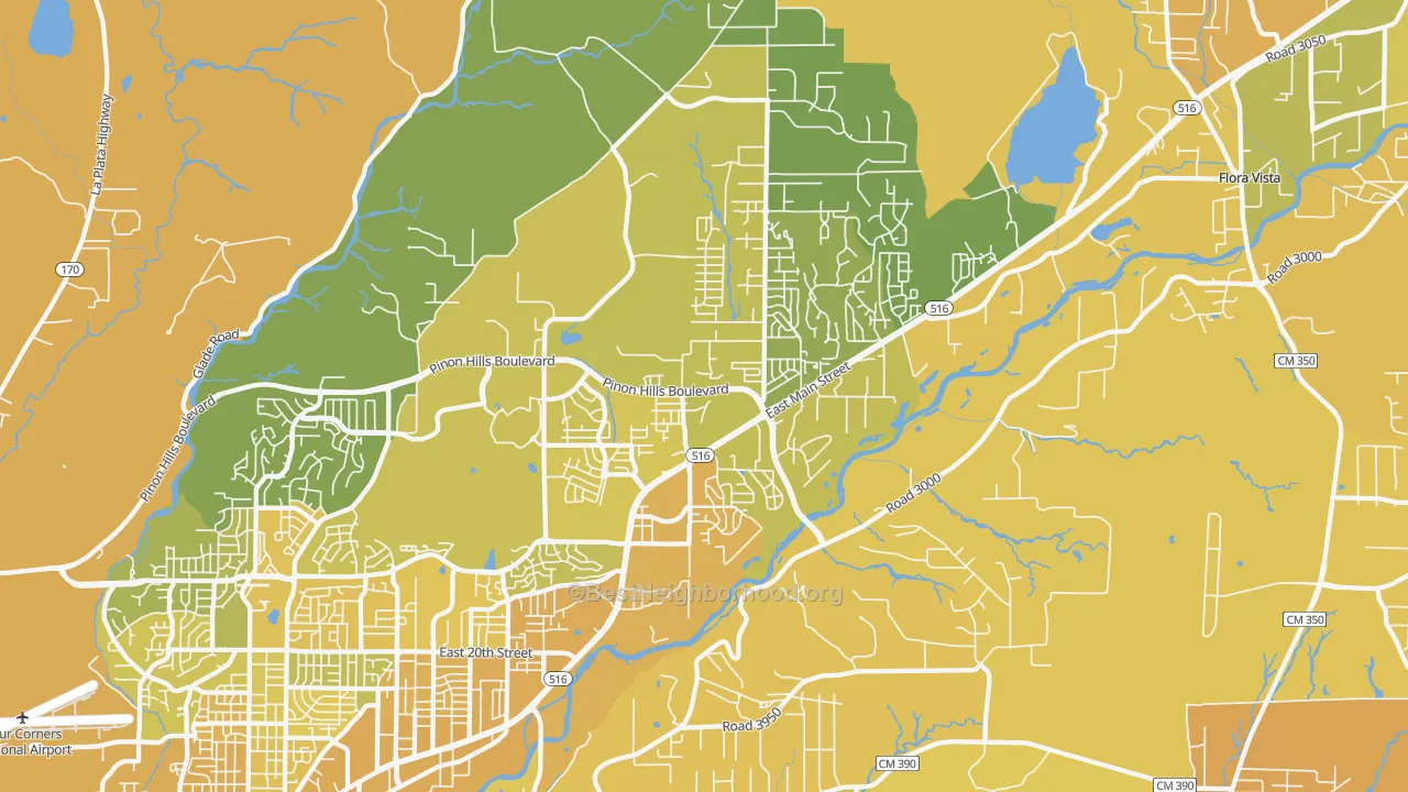 Map of the best neighborhoods in the 87402 area, with better matches in green and worse matches in red