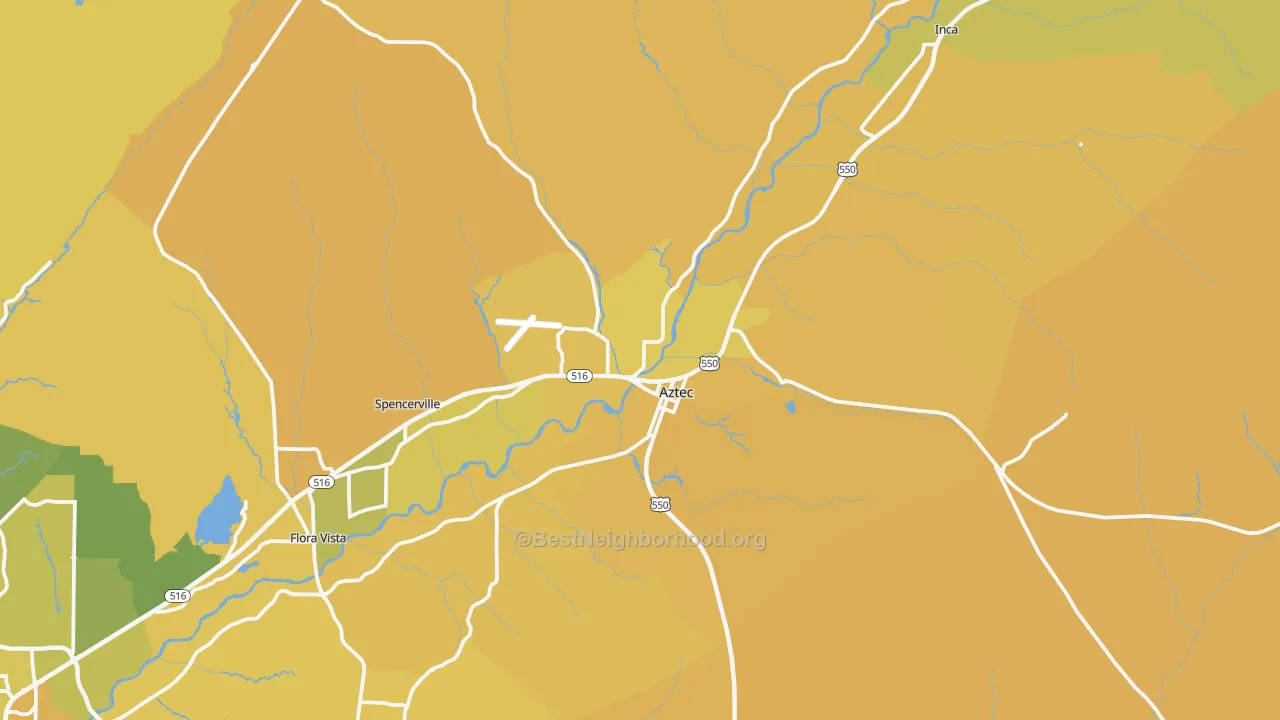 Map of the best neighborhoods in the 87410 area, with better matches in green and worse matches in red