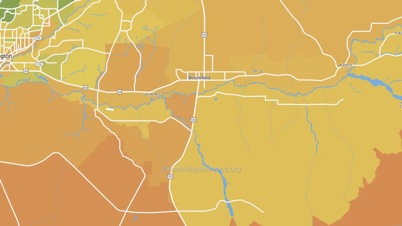 Map of the best neighborhoods in the 87413 area, with better matches in green and worse matches in red