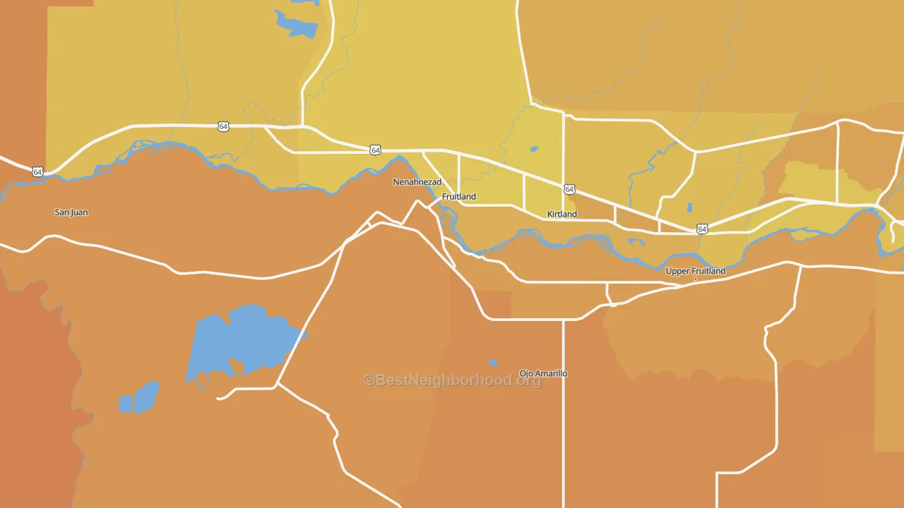 Map of the best neighborhoods in the 87416 area, with better matches in green and worse matches in red