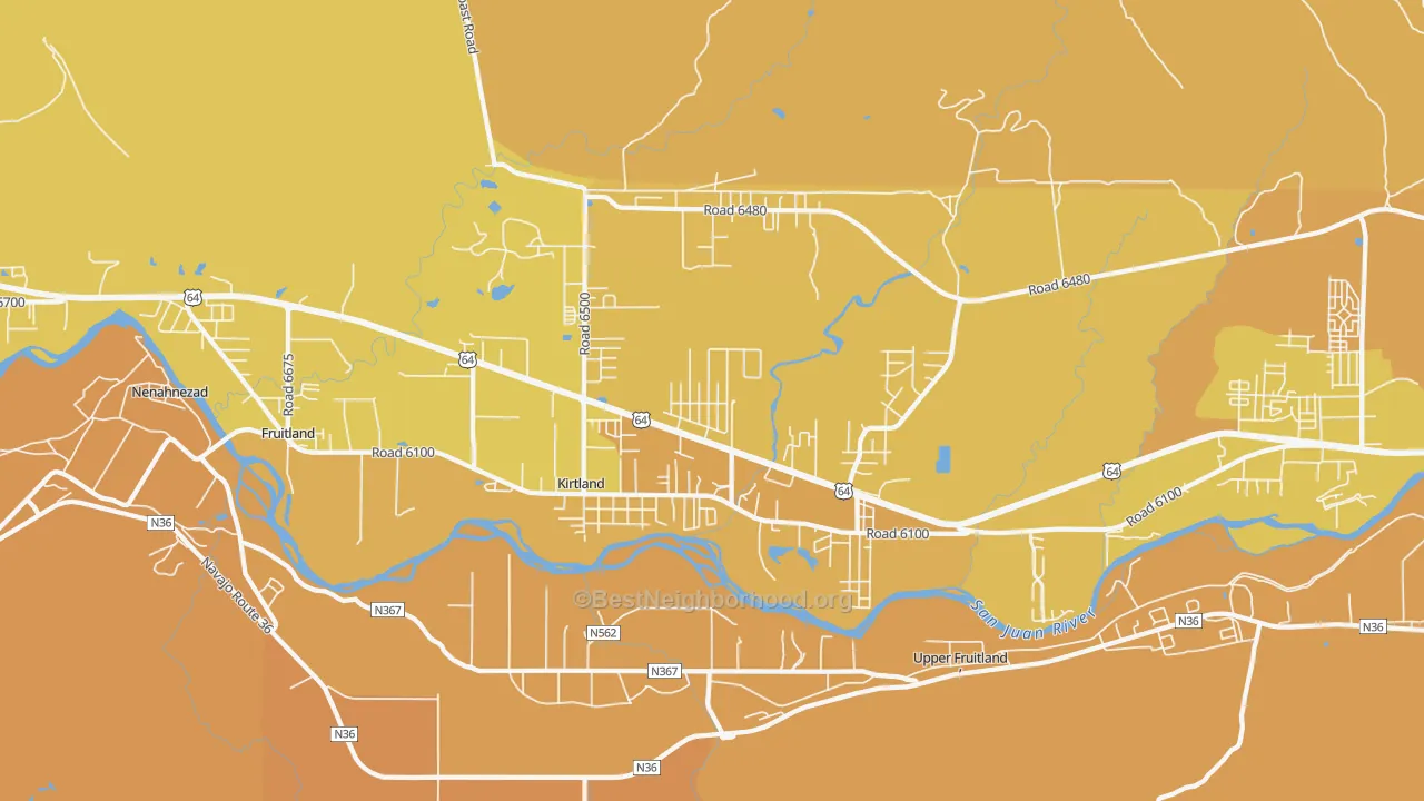 Map of the best neighborhoods in the 87417 area, with better matches in green and worse matches in red