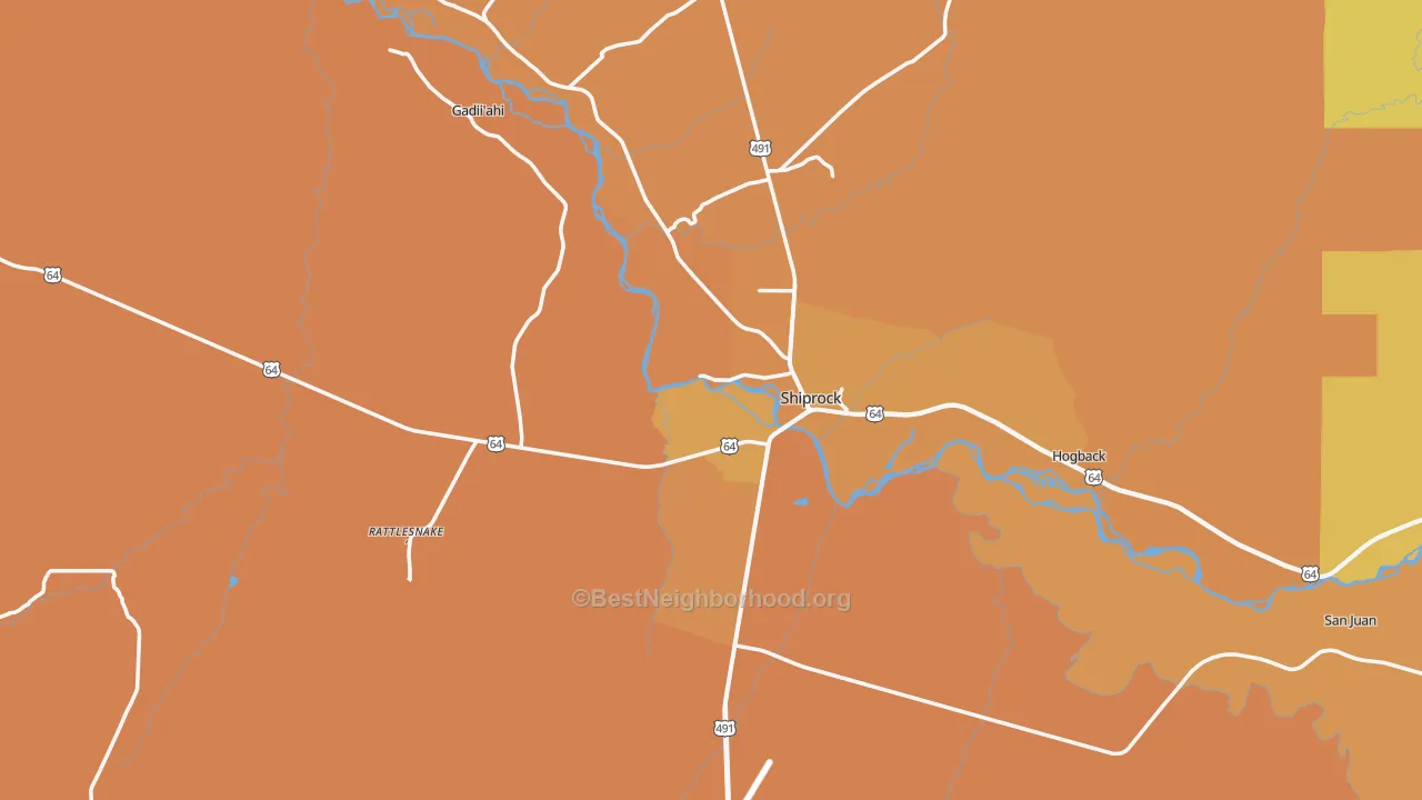 Map of the best neighborhoods in the 87420 area, with better matches in green and worse matches in red