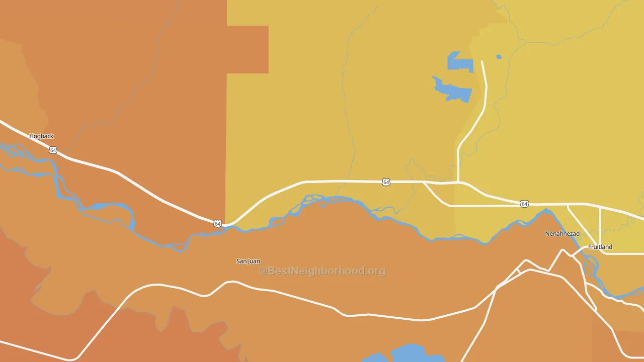 Map of the best neighborhoods in the 87421 area, with better matches in green and worse matches in red