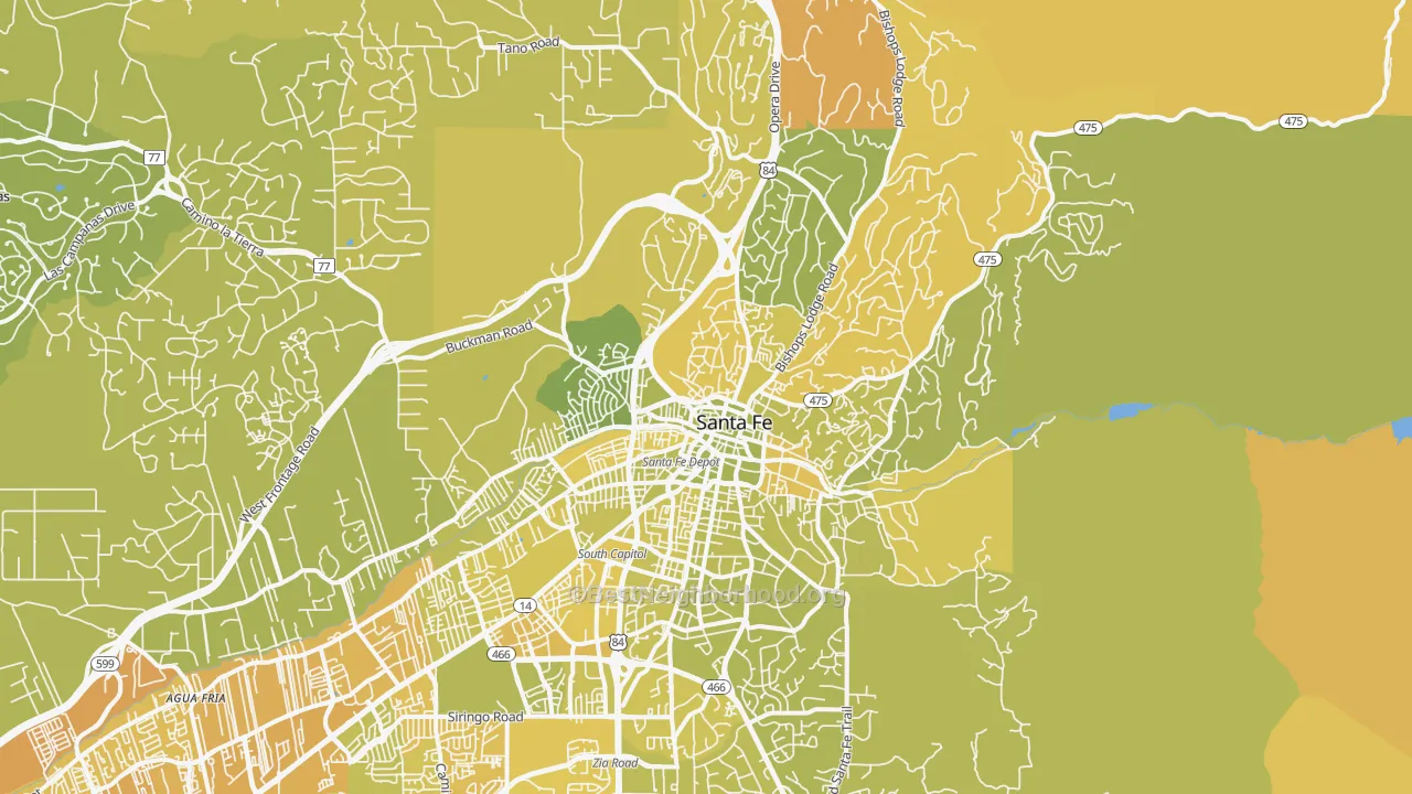 Map of the best neighborhoods in the 87501 area, with better matches in green and worse matches in red