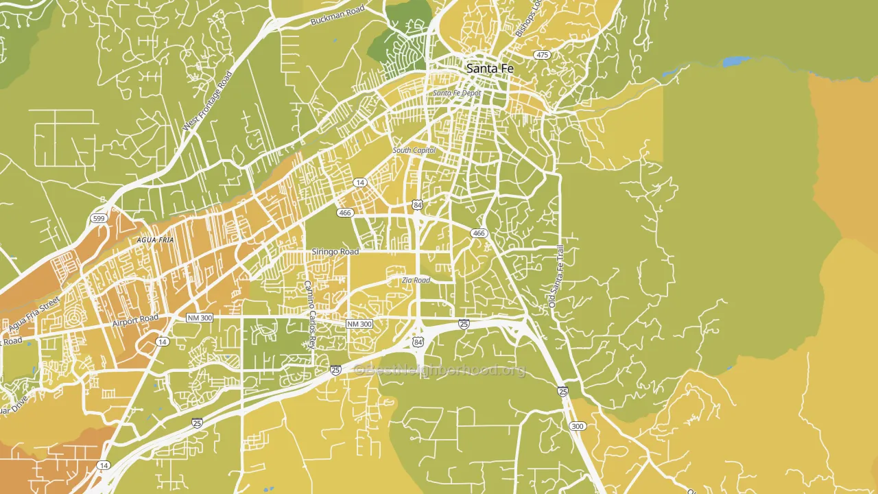 Map of the best neighborhoods in the 87505 area, with better matches in green and worse matches in red