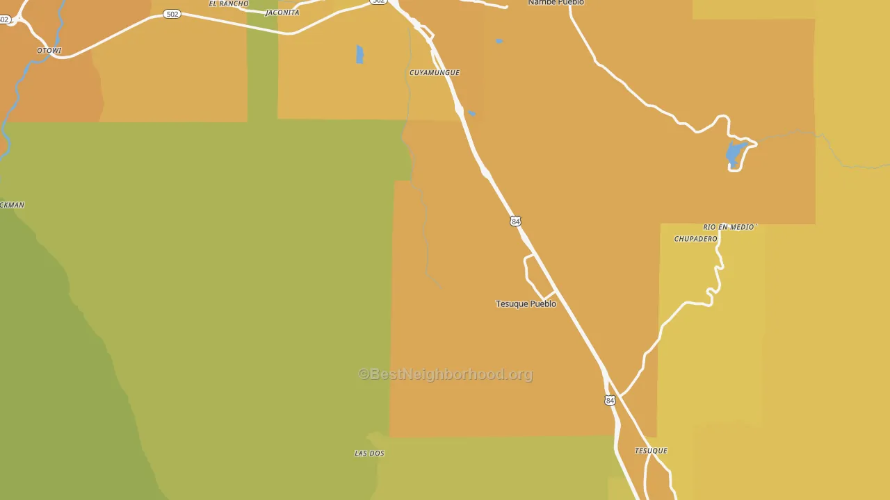 Map of the best neighborhoods in the 87506 area, with better matches in green and worse matches in red