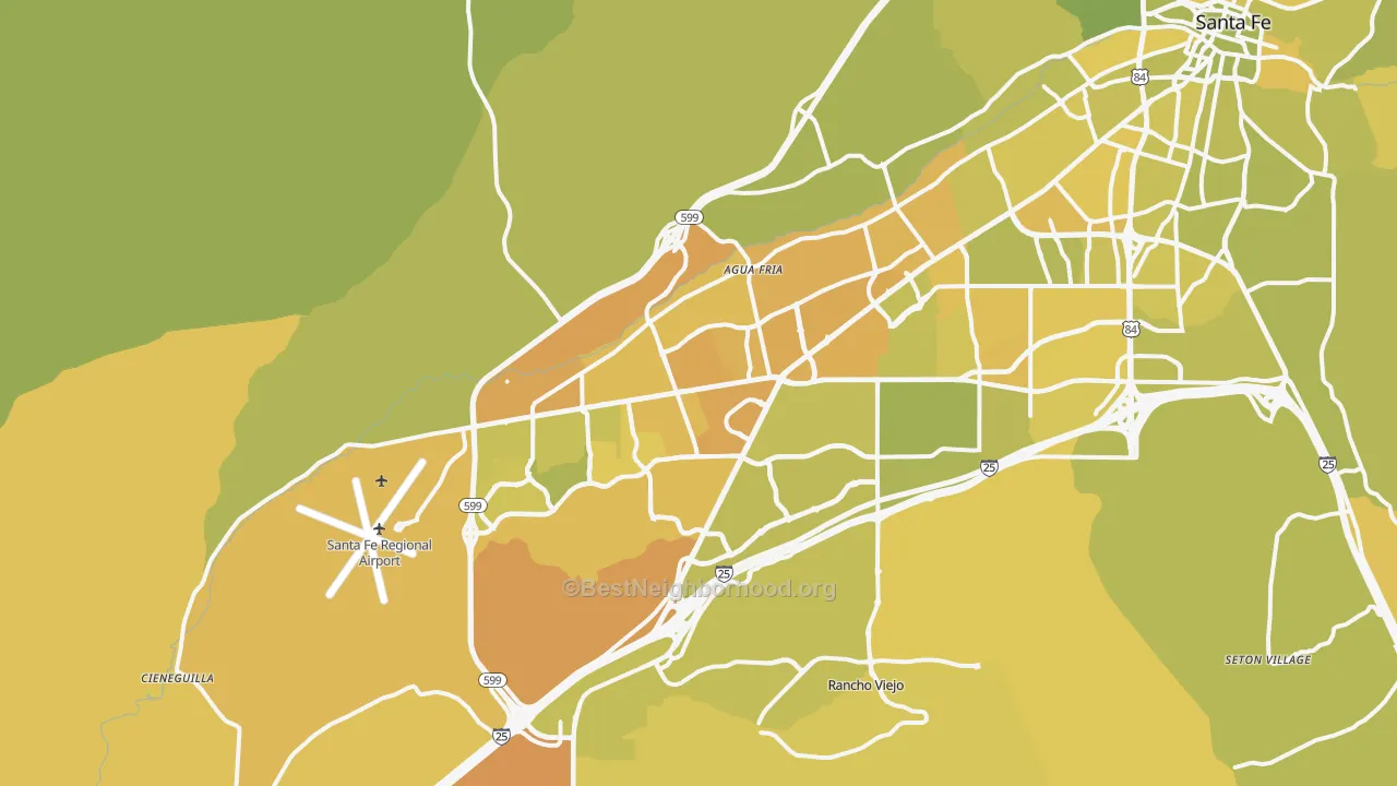 Map of the best neighborhoods in the 87507 area, with better matches in green and worse matches in red