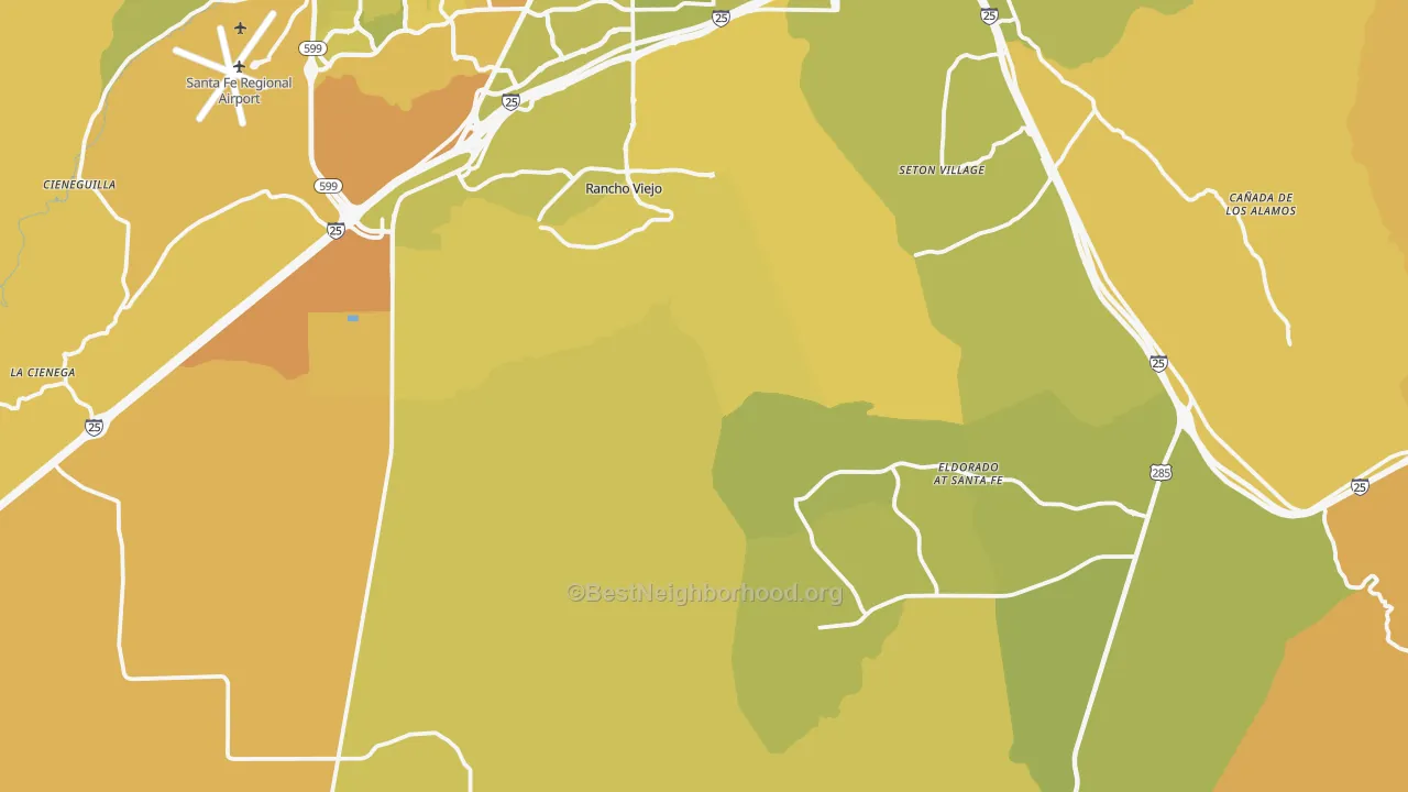 Map of the best neighborhoods in the 87508 area, with better matches in green and worse matches in red