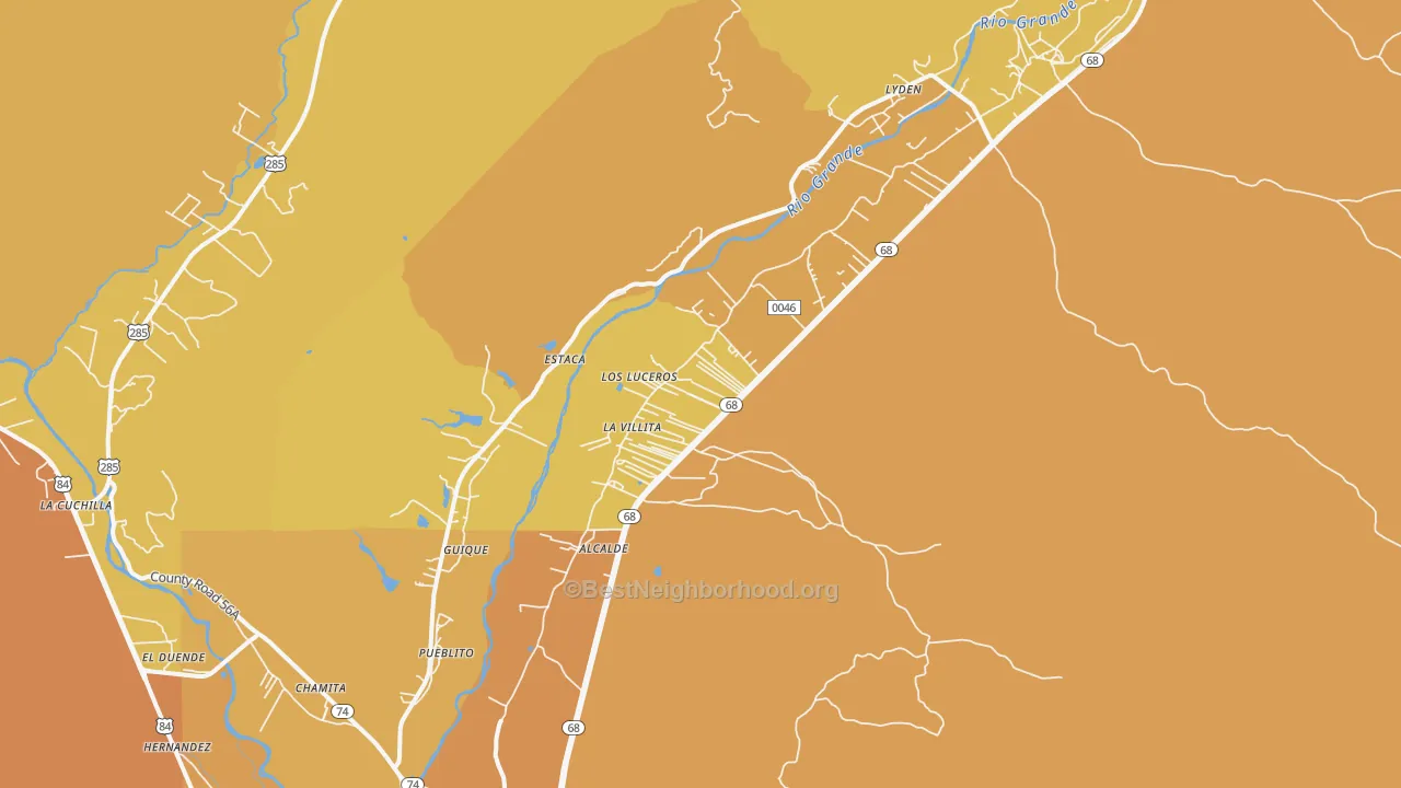 Map of the best neighborhoods in the 87511 area, with better matches in green and worse matches in red