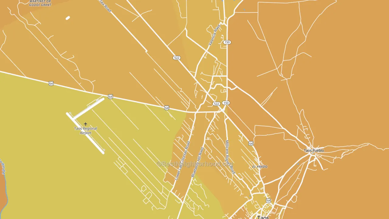 Map of the best neighborhoods in the 87529 area, with better matches in green and worse matches in red