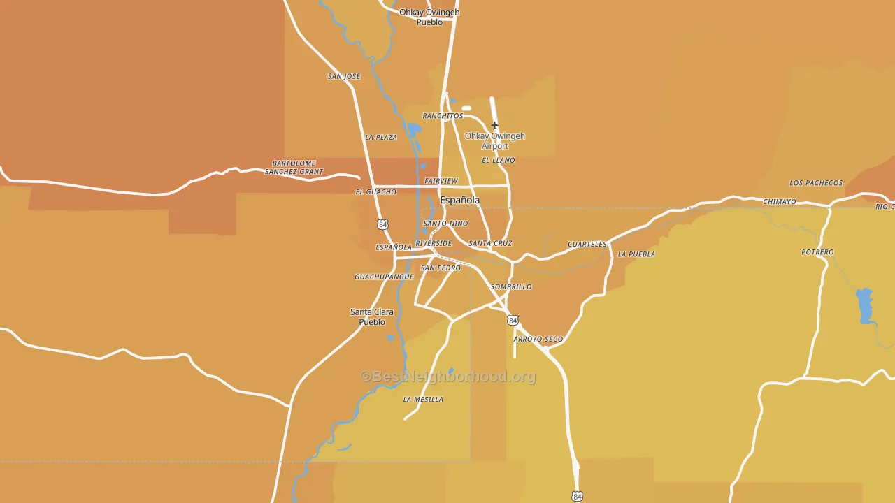 Map of the best neighborhoods in the 87532 area, with better matches in green and worse matches in red