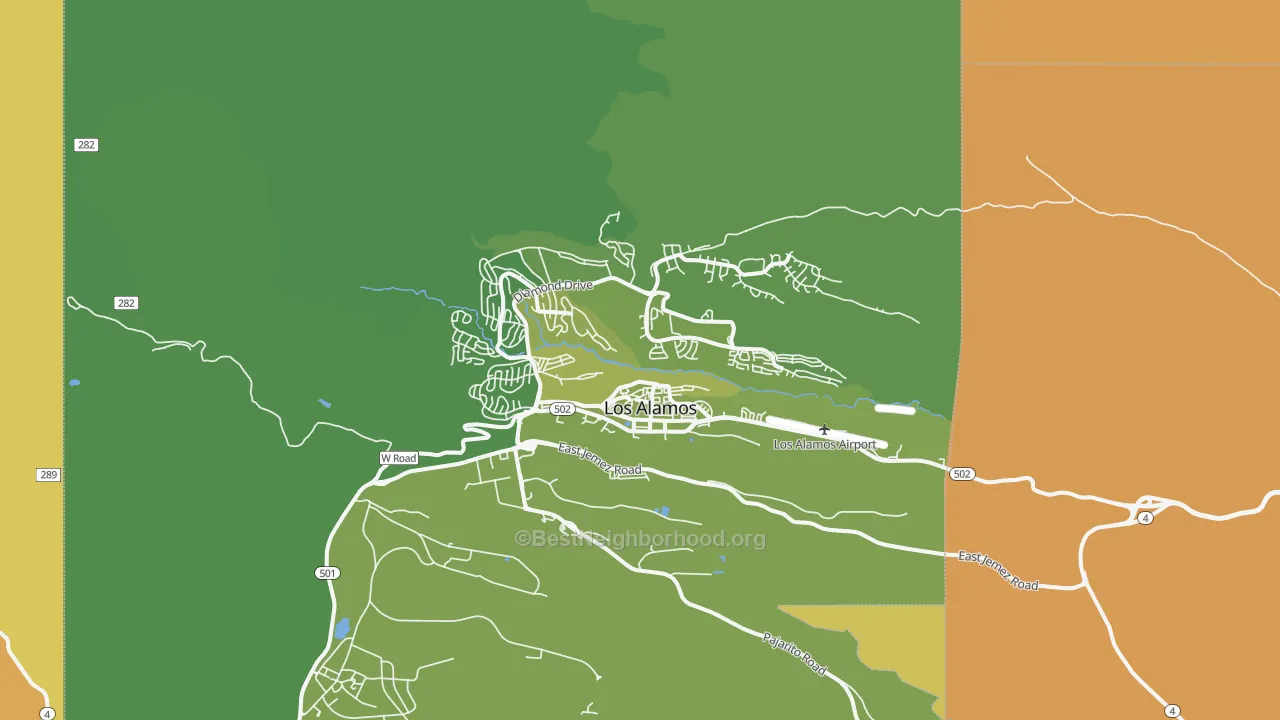 Map of the best neighborhoods in the 87544 area, with better matches in green and worse matches in red