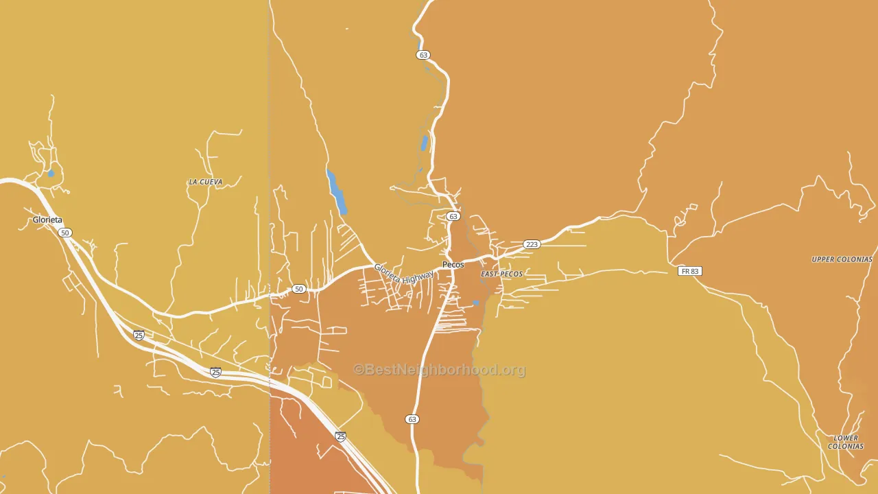 Map of the best neighborhoods in the 87552 area, with better matches in green and worse matches in red