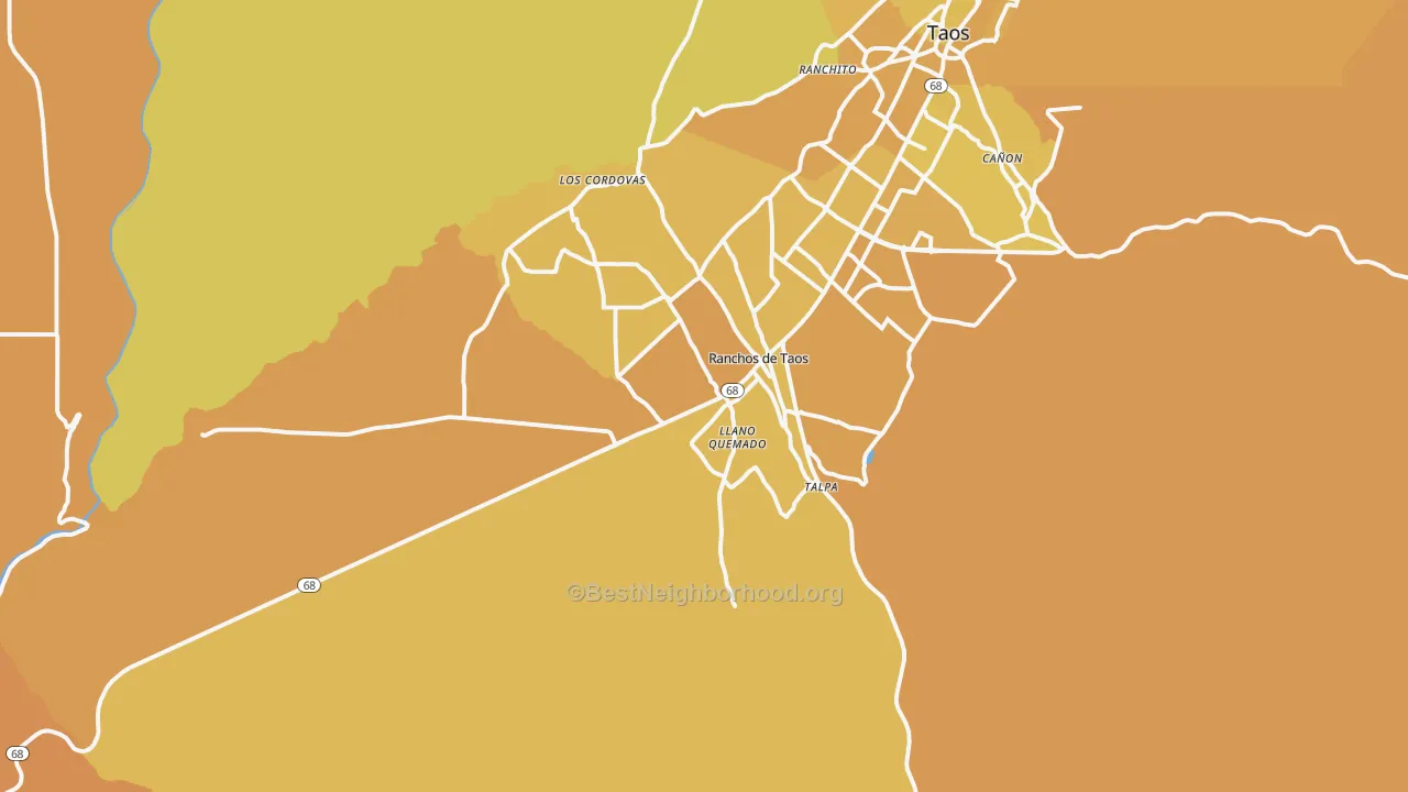 Map of the best neighborhoods in the 87557 area, with better matches in green and worse matches in red