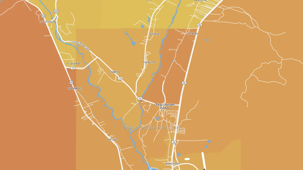 Map of the best neighborhoods in the 87566 area, with better matches in green and worse matches in red