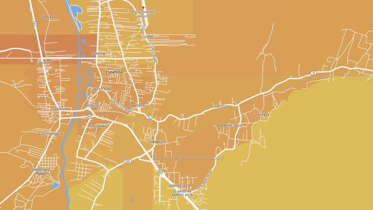 Map of the best neighborhoods in the 87567 area, with better matches in green and worse matches in red