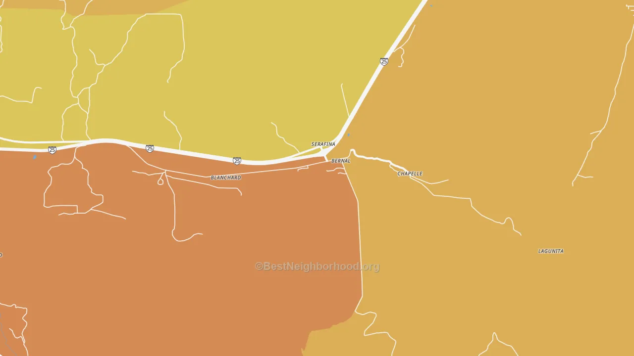 Map of the best neighborhoods in the 87569 area, with better matches in green and worse matches in red