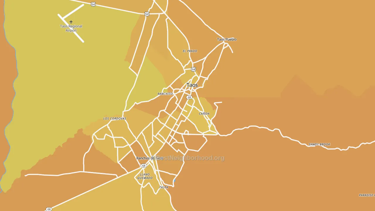 Map of the best neighborhoods in the 87571 area, with better matches in green and worse matches in red