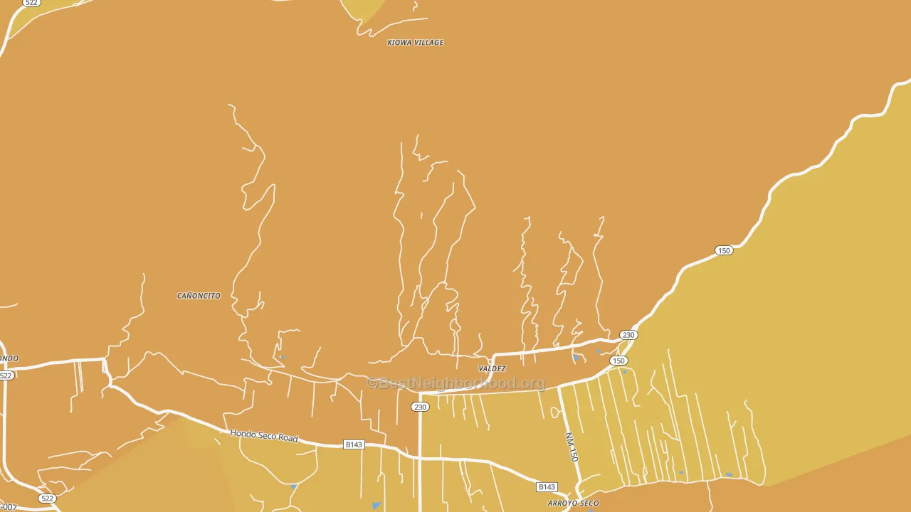 Map of the best neighborhoods in the 87580 area, with better matches in green and worse matches in red