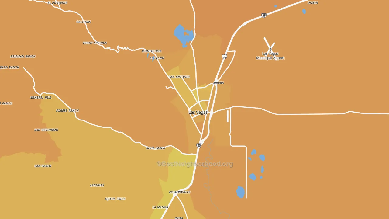 Map of the best neighborhoods in the 87701 area, with better matches in green and worse matches in red