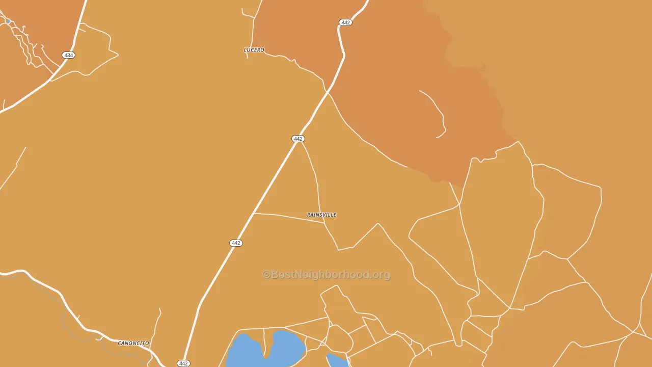 Map of the best neighborhoods in the 87736 area, with better matches in green and worse matches in red
