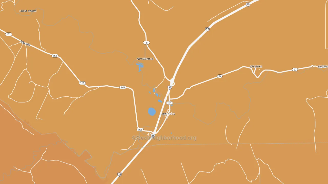 Map of the best neighborhoods in the 87753 area, with better matches in green and worse matches in red