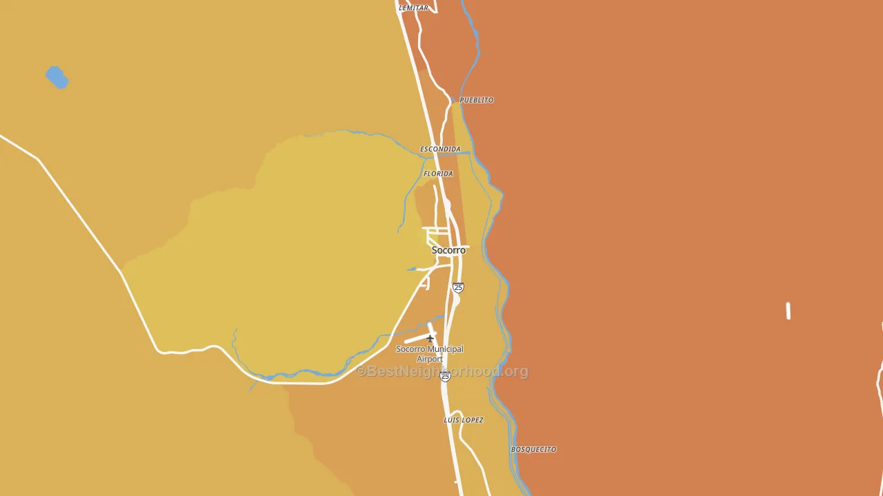 Map of the best neighborhoods in the 87801 area, with better matches in green and worse matches in red