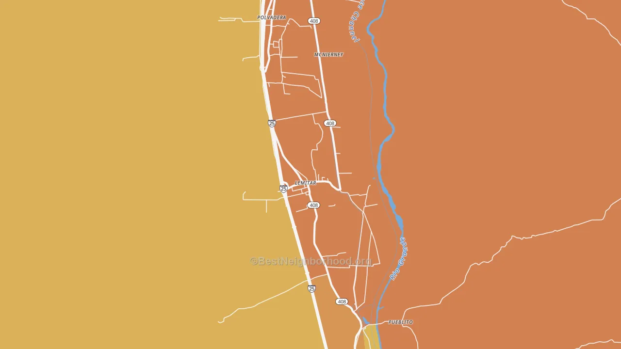 Map of the best neighborhoods in the 87823 area, with better matches in green and worse matches in red
