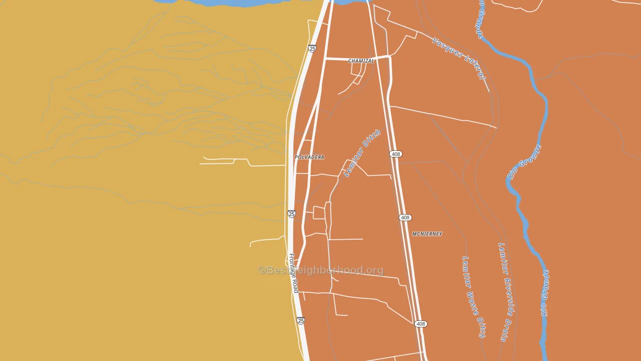 Map of the best neighborhoods in the 87828 area, with better matches in green and worse matches in red