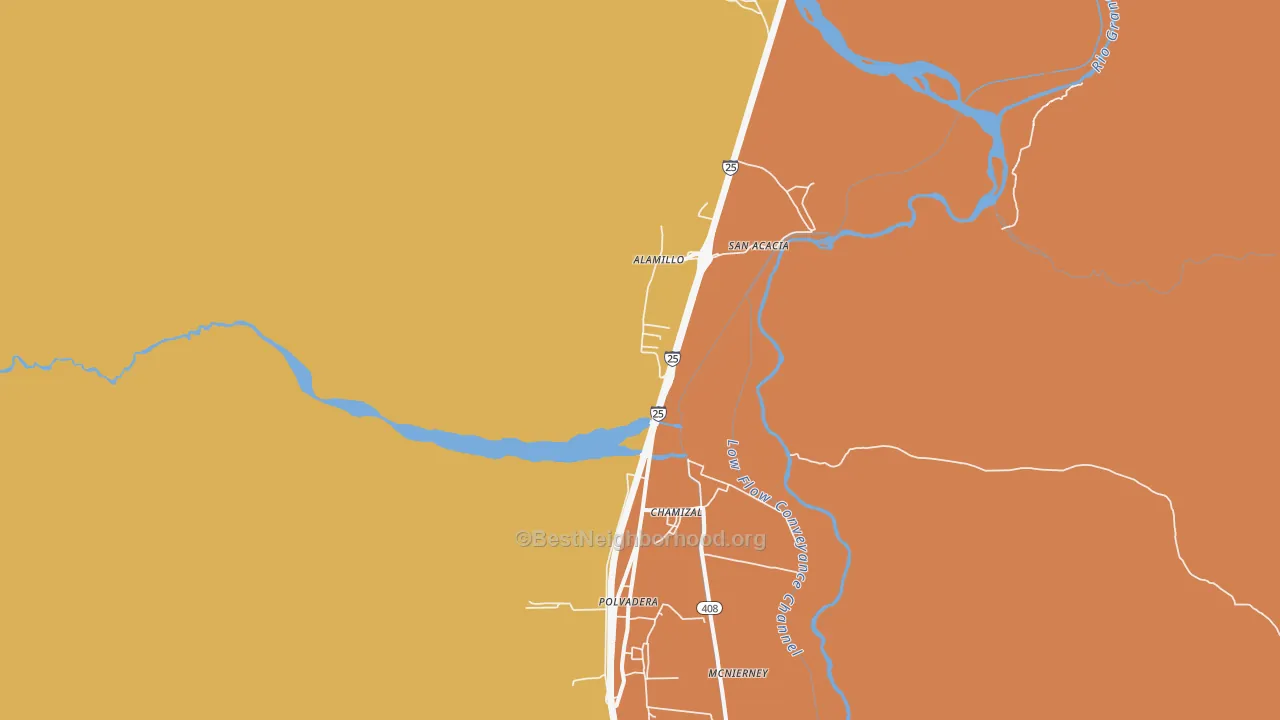 Map of the best neighborhoods in the 87831 area, with better matches in green and worse matches in red