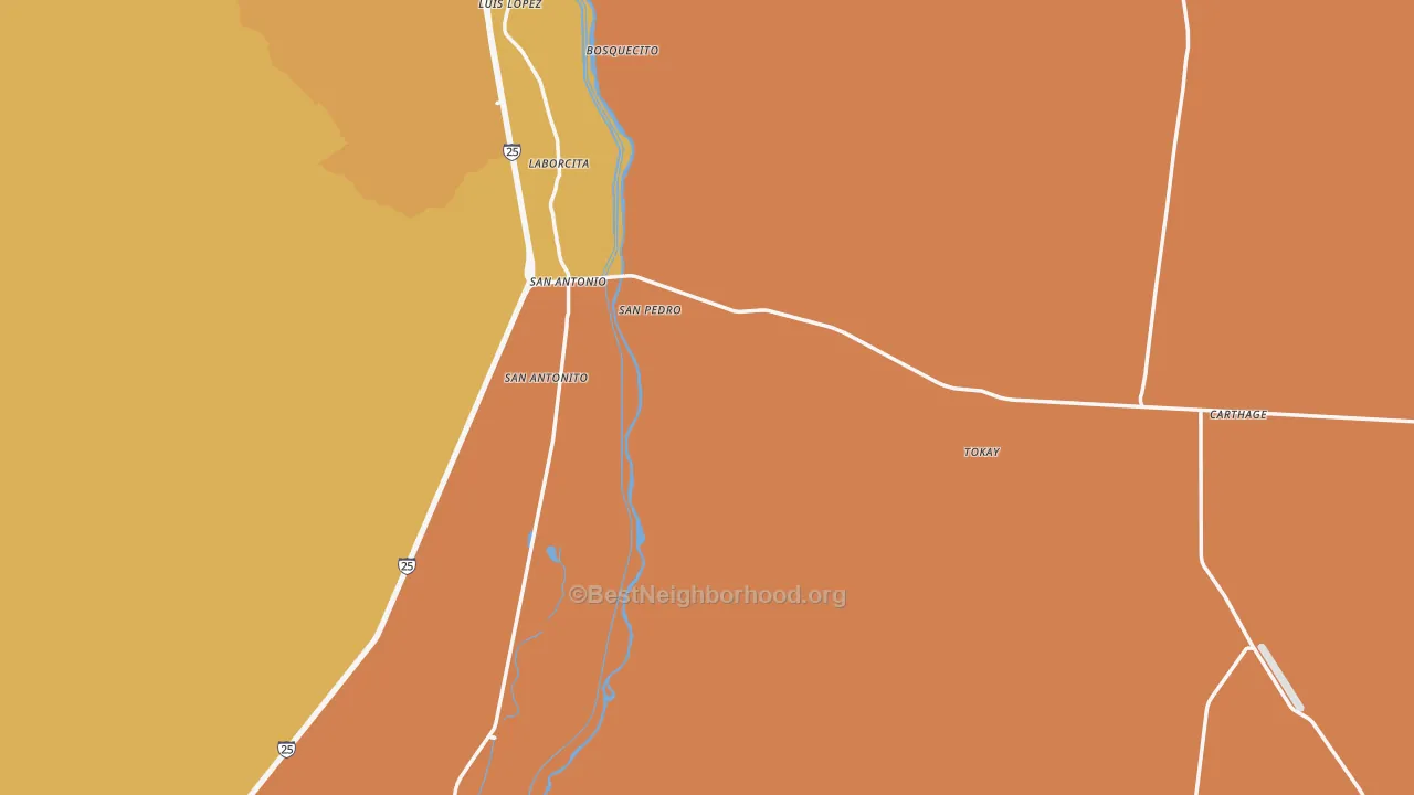 Map of the best neighborhoods in the 87832 area, with better matches in green and worse matches in red