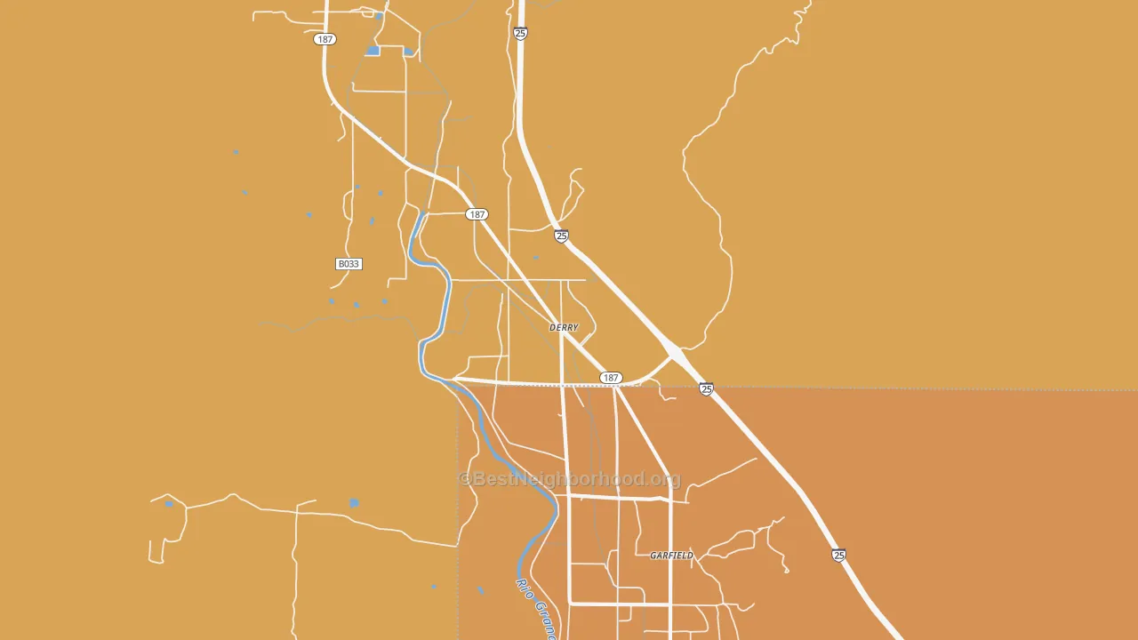 Map of the best neighborhoods in the 87933 area, with better matches in green and worse matches in red