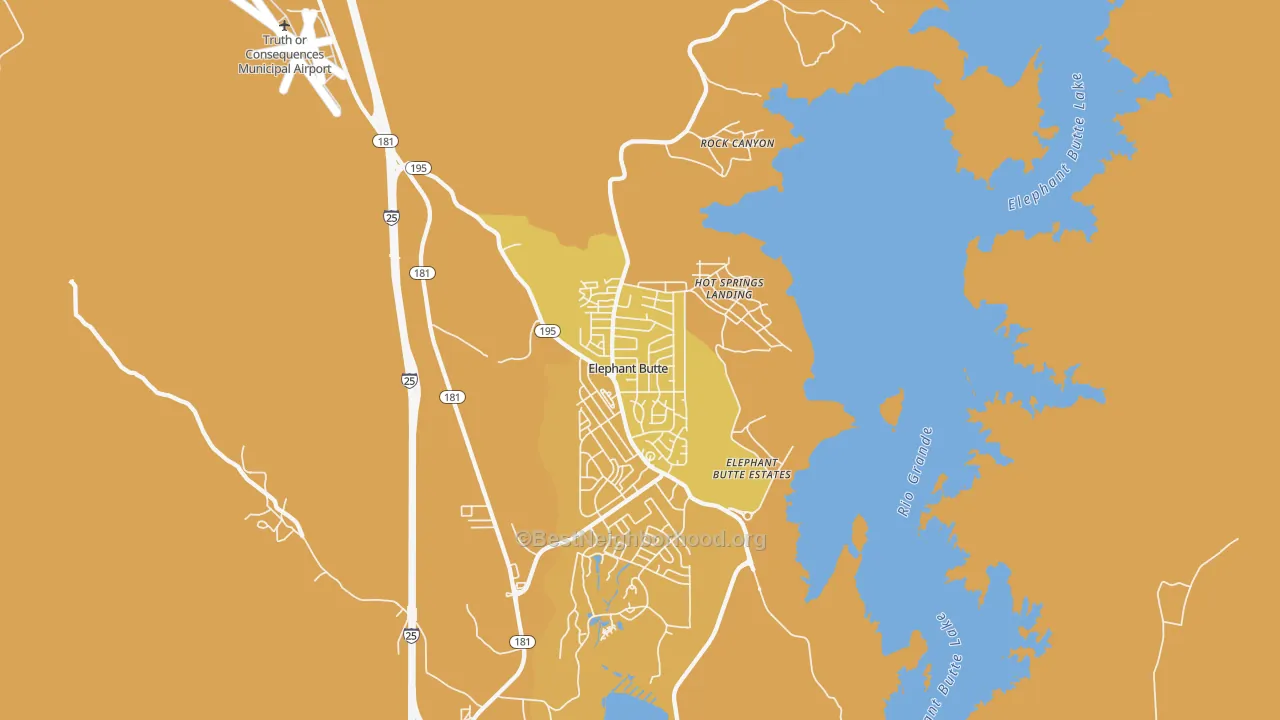 Map of the best neighborhoods in the 87935 area, with better matches in green and worse matches in red