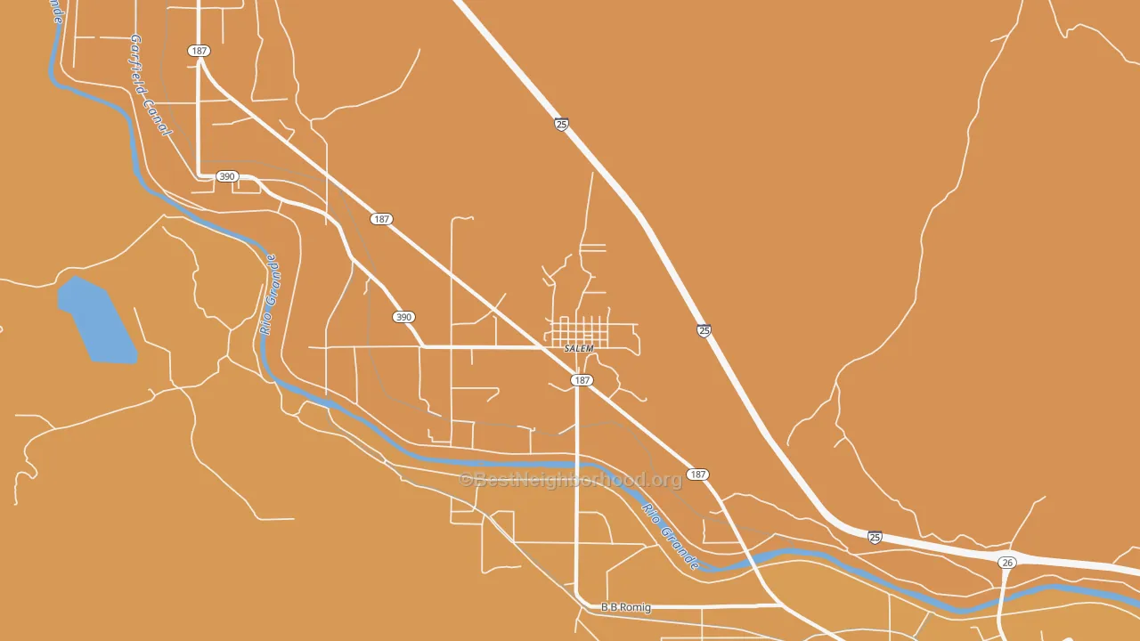 Map of the best neighborhoods in the 87941 area, with better matches in green and worse matches in red