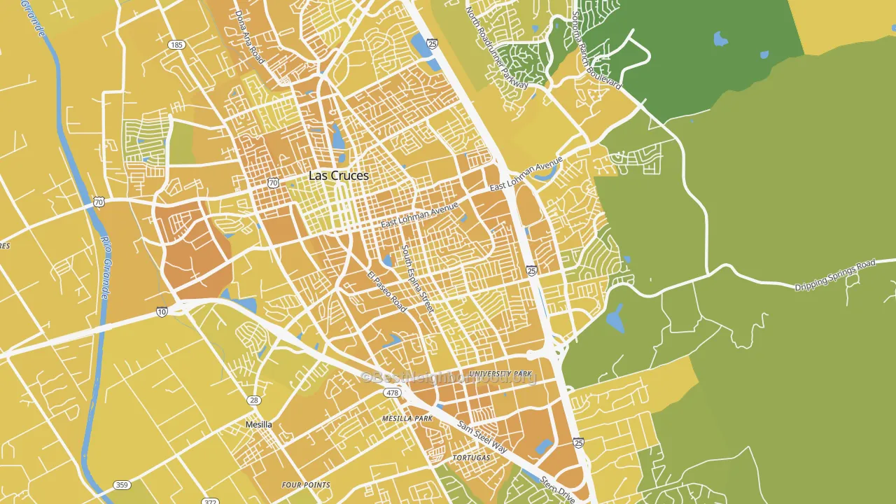 Map of the best neighborhoods in the 88001 area, with better matches in green and worse matches in red
