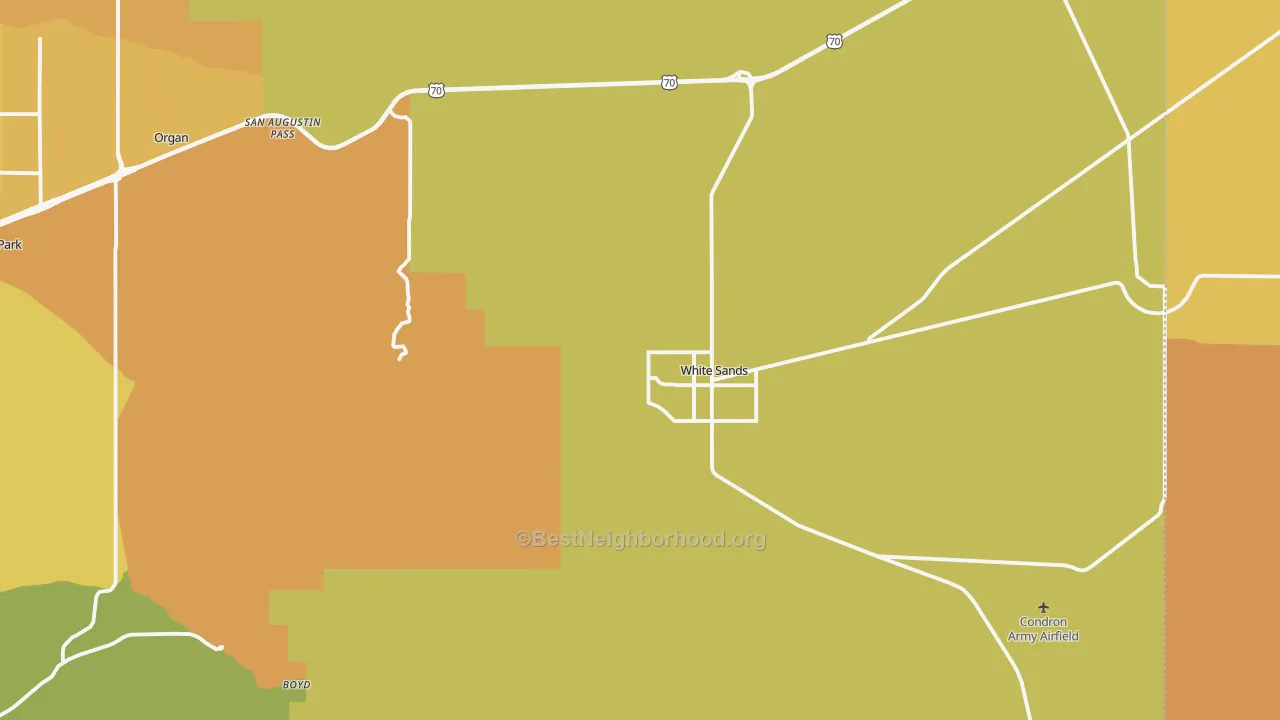 Map of the best neighborhoods in the 88002 area, with better matches in green and worse matches in red