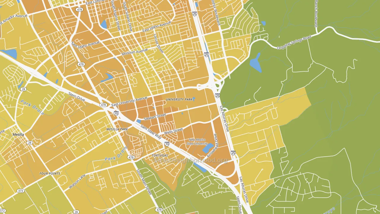 Map of the best neighborhoods in the 88003 area, with better matches in green and worse matches in red