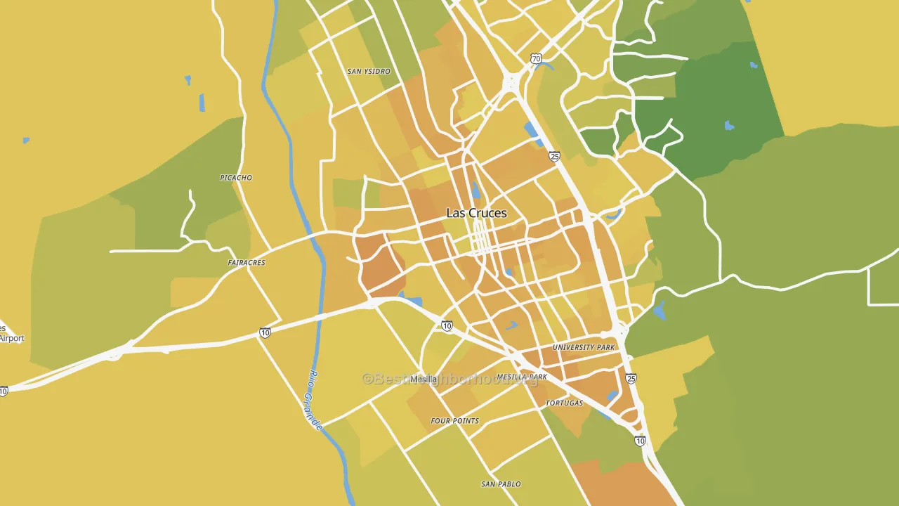 Map of the best neighborhoods in the 88005 area, with better matches in green and worse matches in red