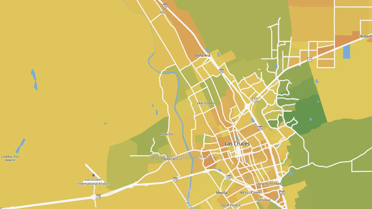 Map of the best neighborhoods in the 88007 area, with better matches in green and worse matches in red