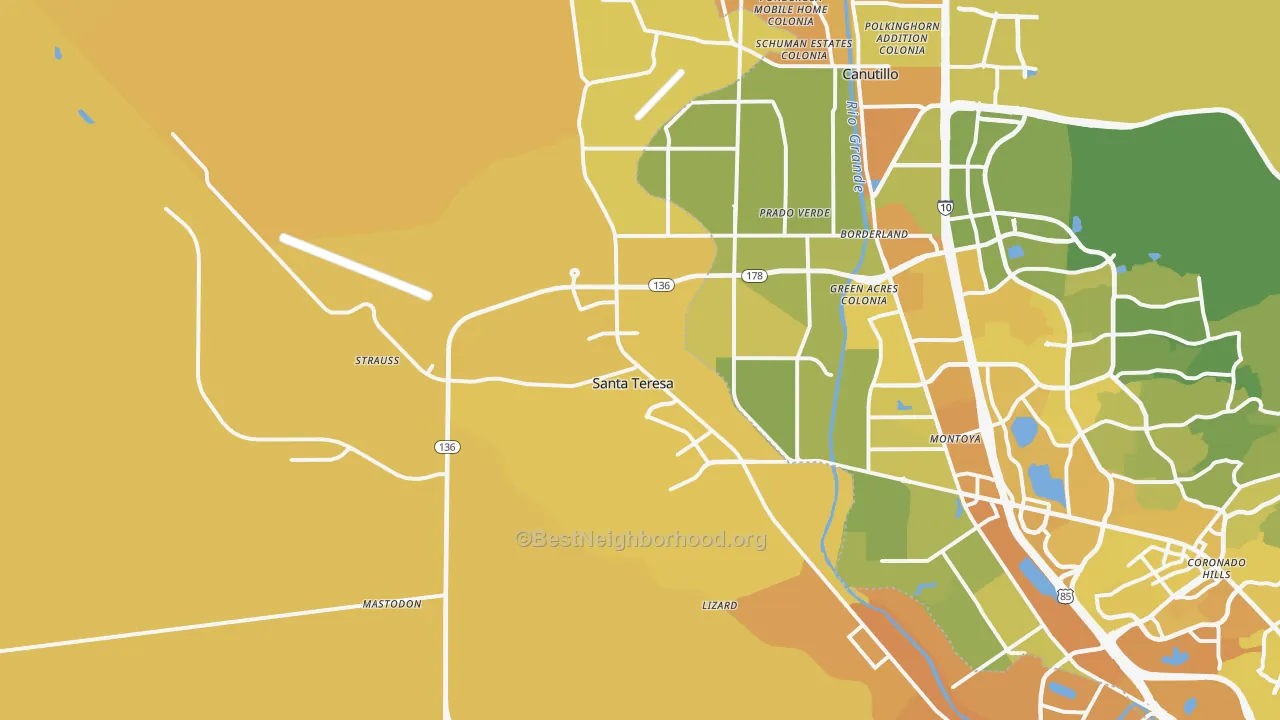 Map of the best neighborhoods in the 88008 area, with better matches in green and worse matches in red