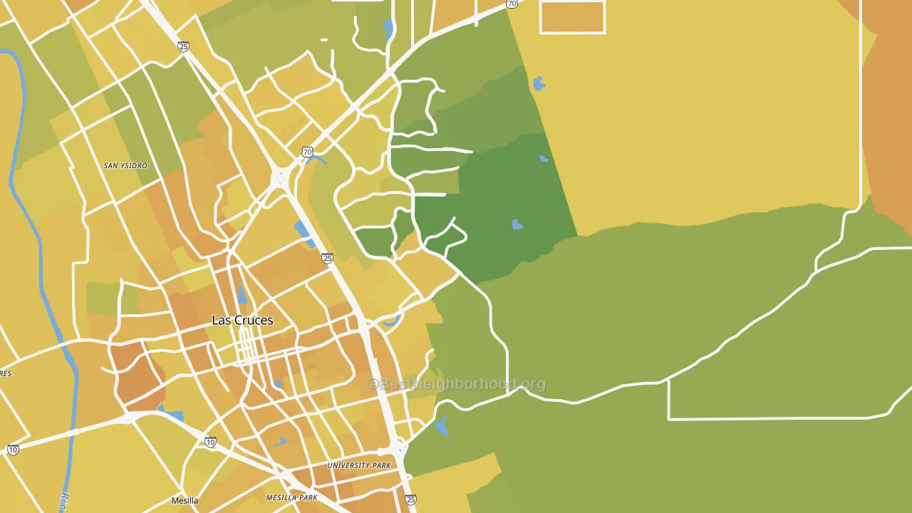 Map of the best neighborhoods in the 88011 area, with better matches in green and worse matches in red