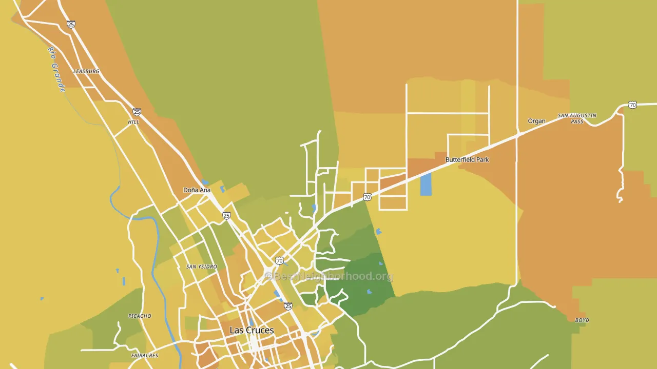 Map of the best neighborhoods in the 88012 area, with better matches in green and worse matches in red