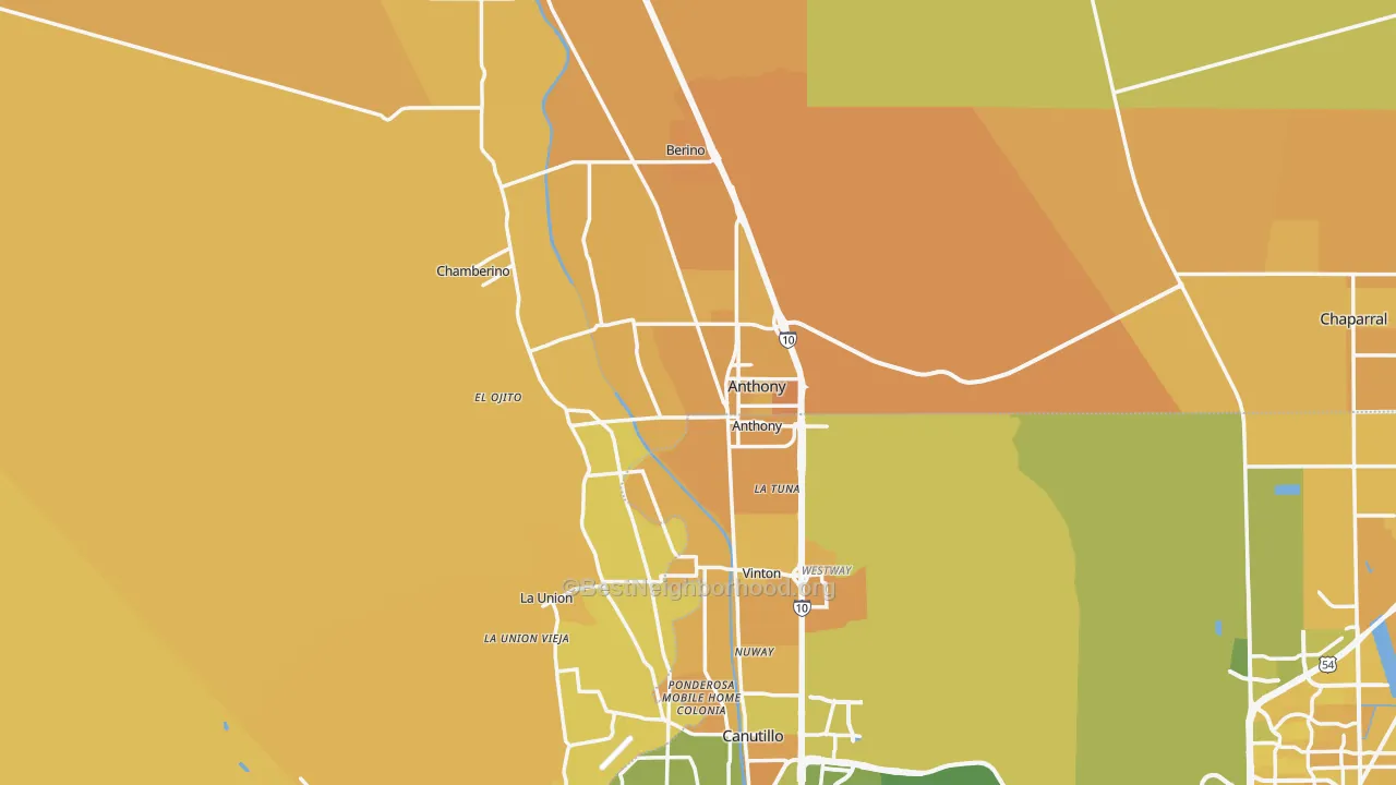 Map of the best neighborhoods in the 88021 area, with better matches in green and worse matches in red