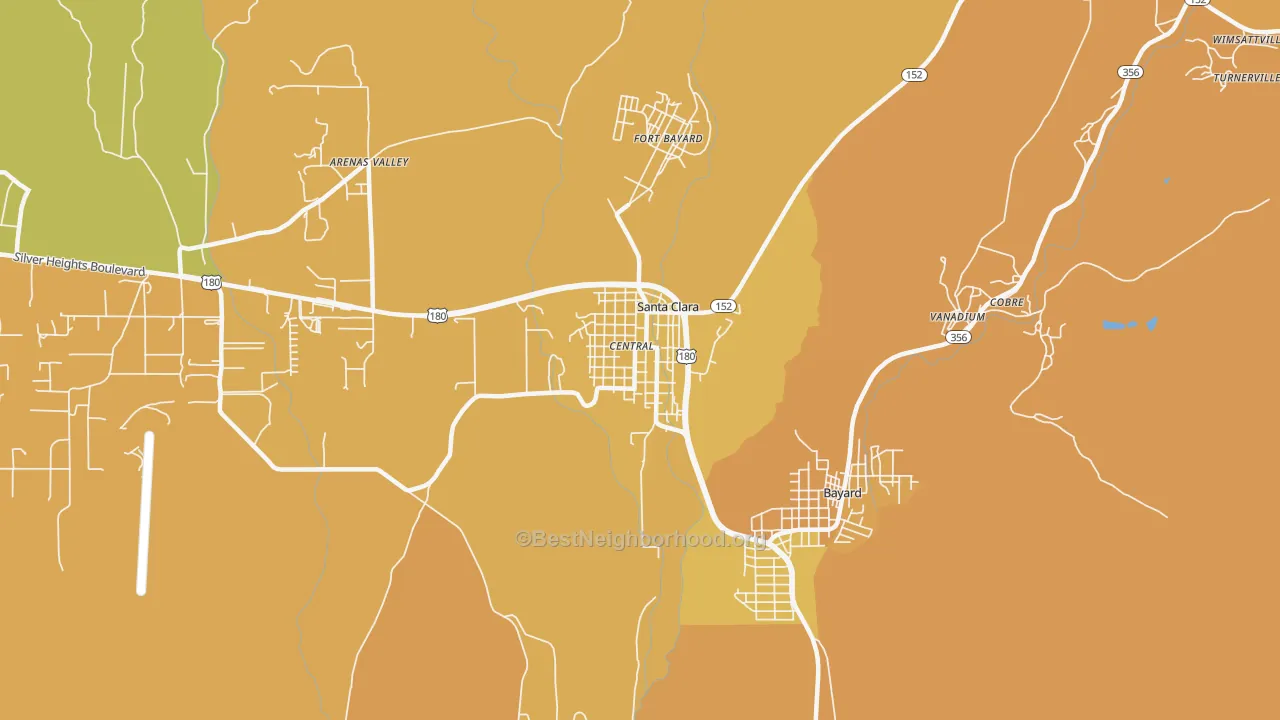 Map of the best neighborhoods in the 88026 area, with better matches in green and worse matches in red