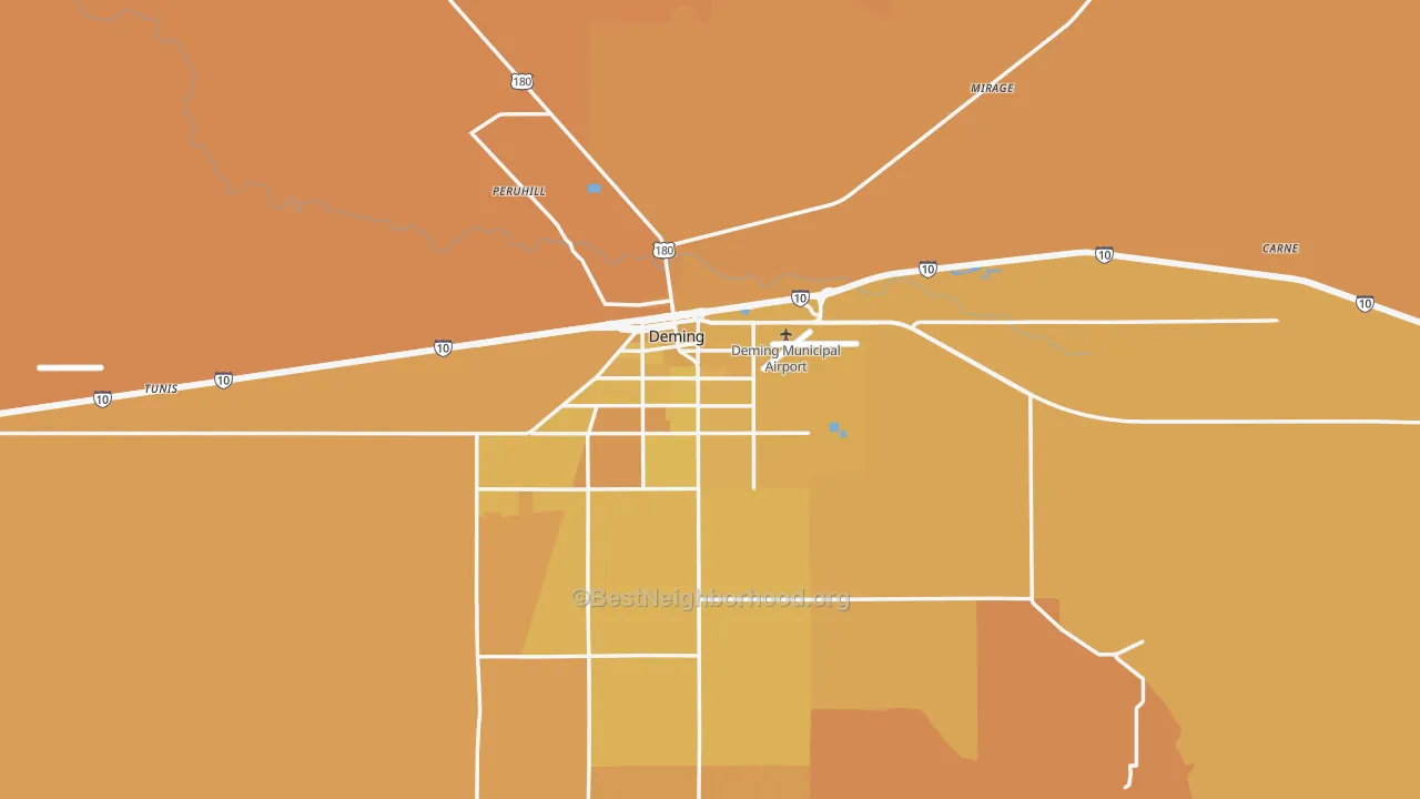 Map of the best neighborhoods in the 88030 area, with better matches in green and worse matches in red