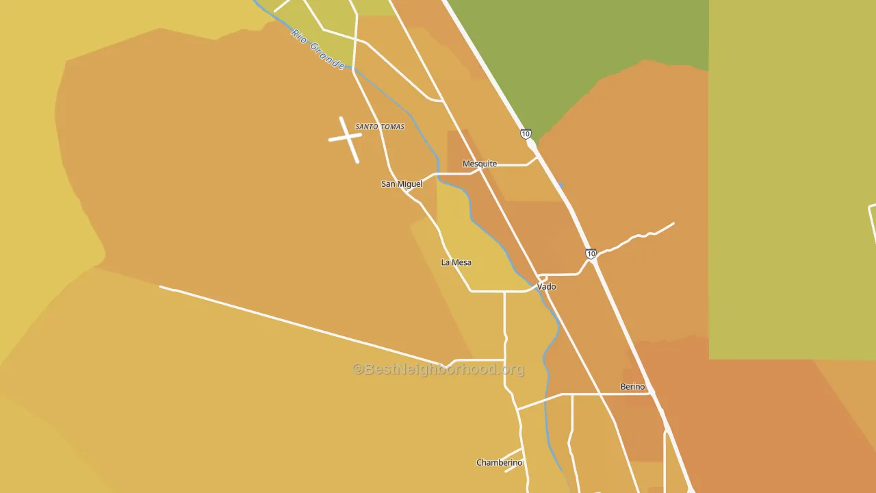 Map of the best neighborhoods in the 88044 area, with better matches in green and worse matches in red