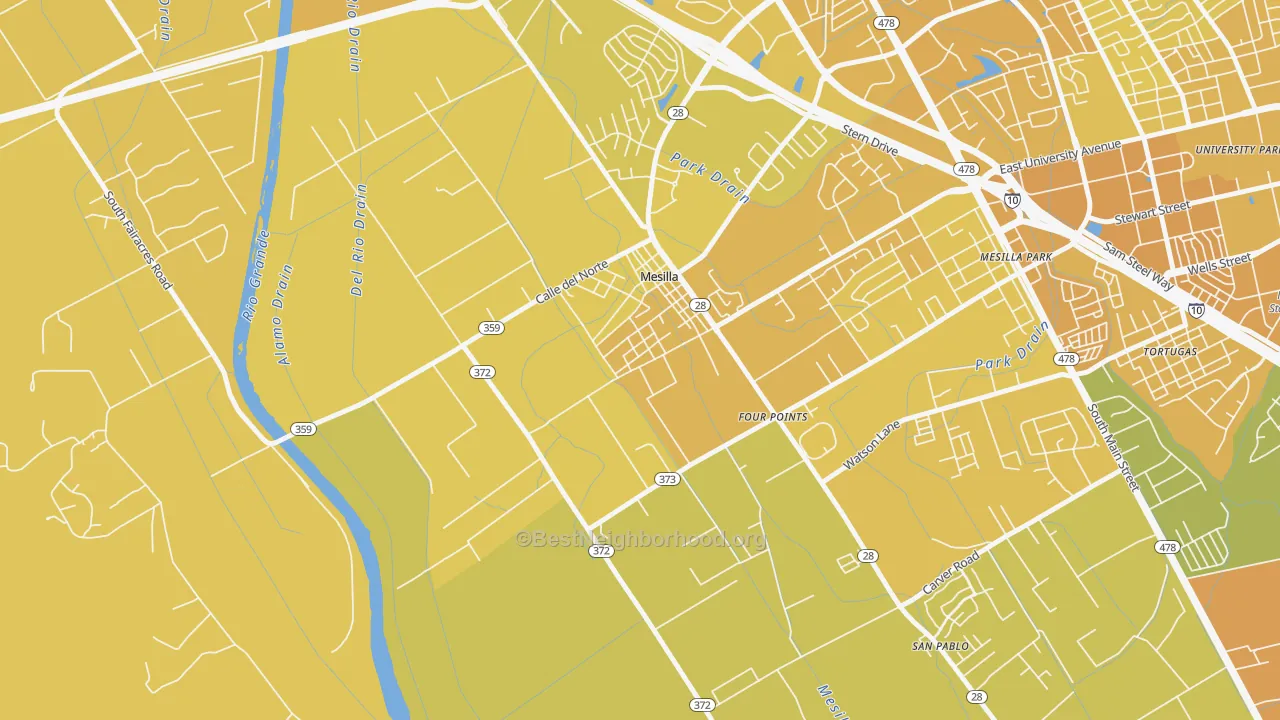 Map of the best neighborhoods in the 88046 area, with better matches in green and worse matches in red